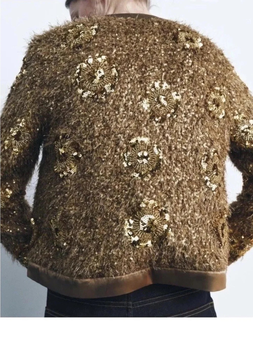 ZARA Brown Gold Fur Sequin Beaded Collarless Jacket